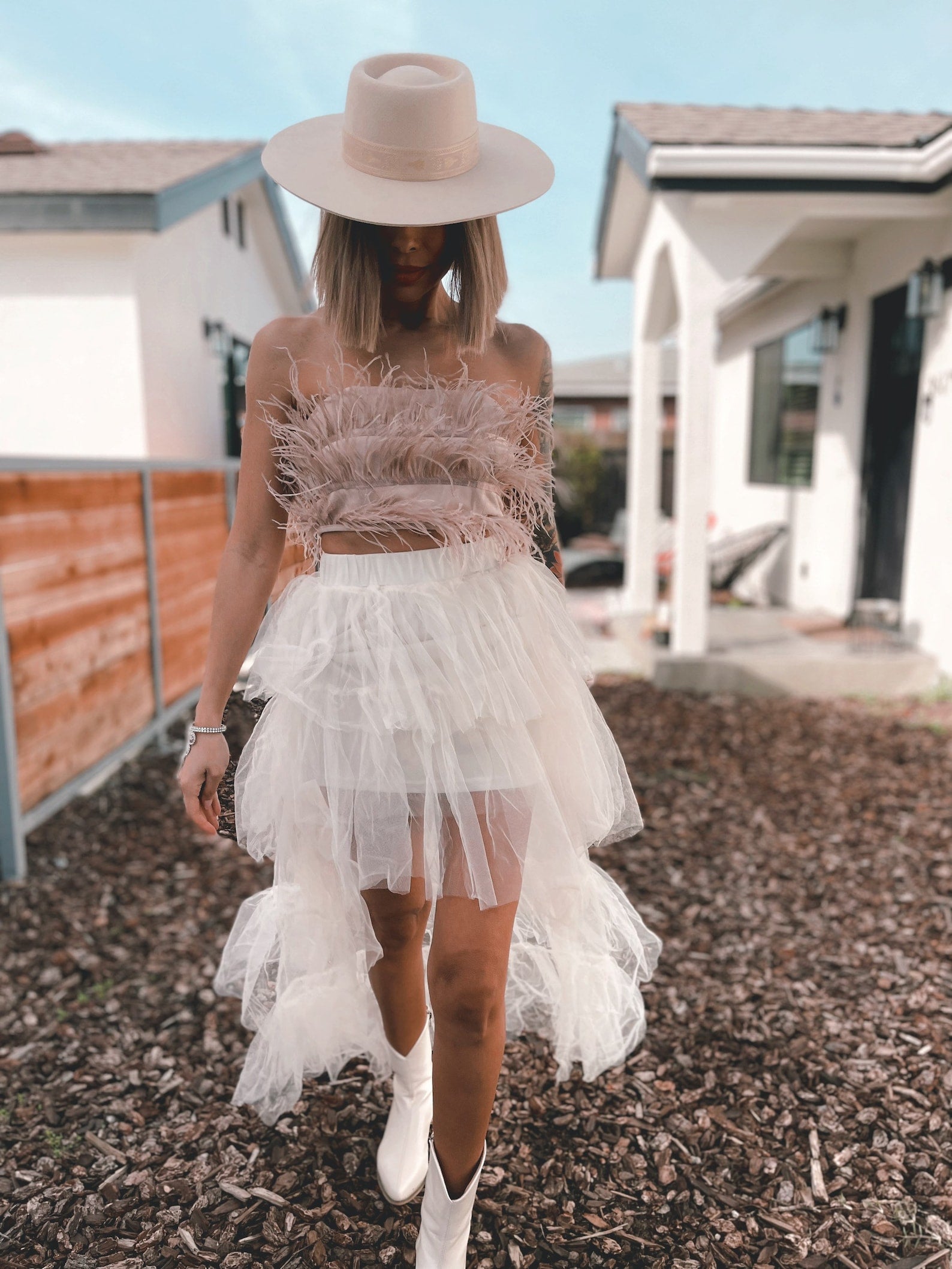 Feather Fringe Crop Top: Western Suede Bandeau, Bachelorette Outfit