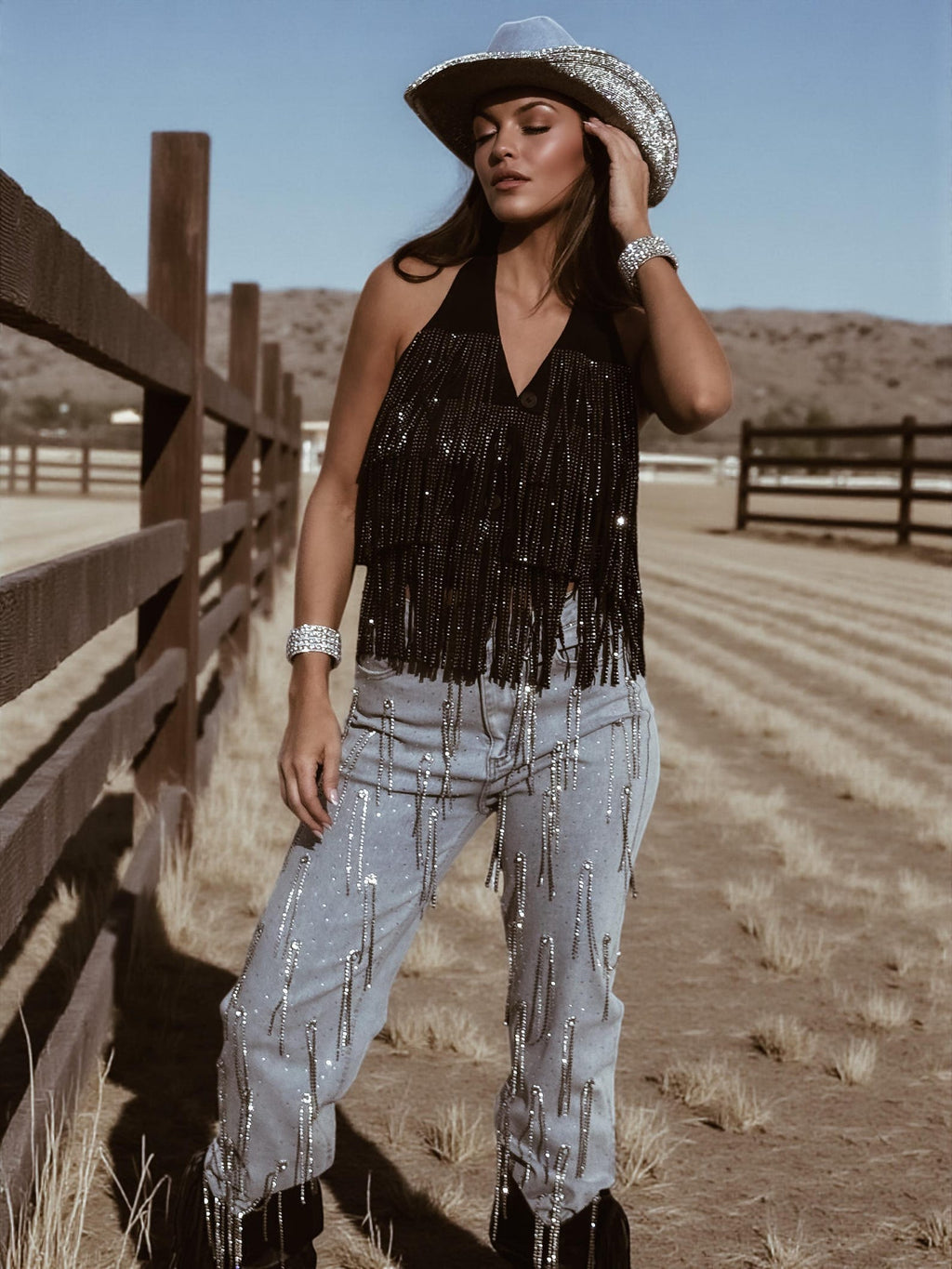 Diamond Fringe Festival Vest, Dazzled Fringe Cowboy Vest, Faux Suede Fringe Cowgirl Top, Backless Fringe Western Vest Top, Western Glam Top