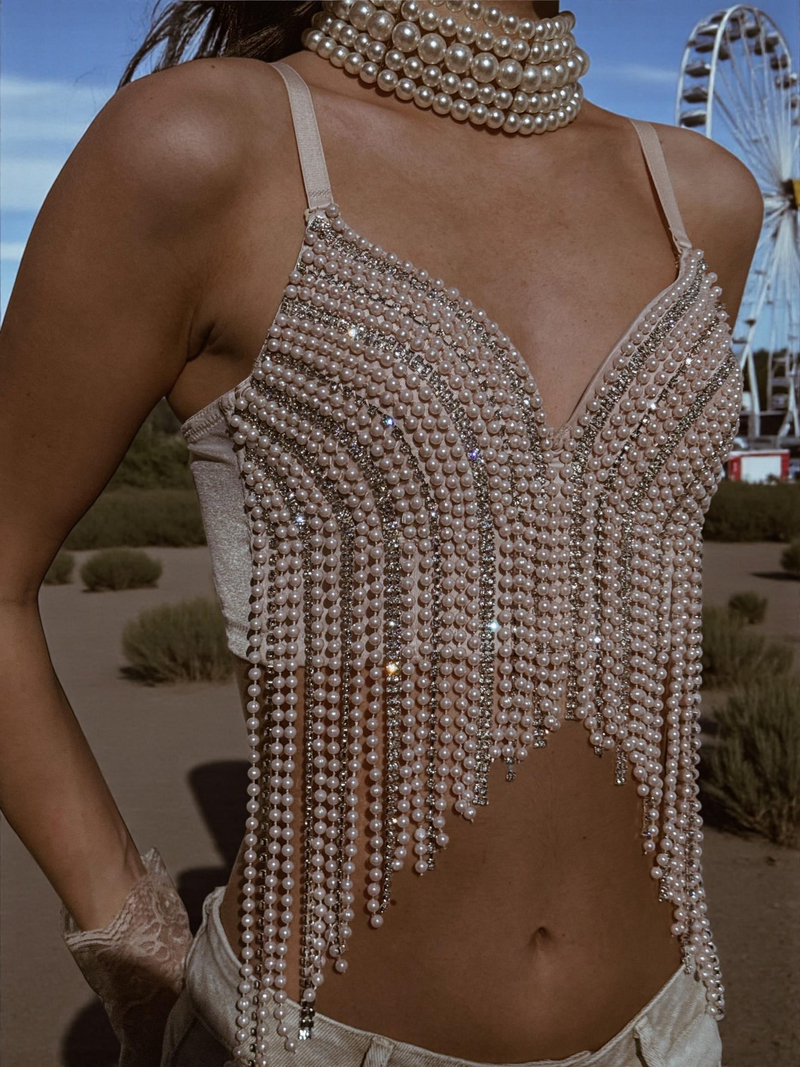 Nude Pearl Rhinestone Fringed Bridal Top, Nude Diamond Festival Top, Nude Cowgirl Top, Country Bachelorette Outfit Top, Bridal Corset
