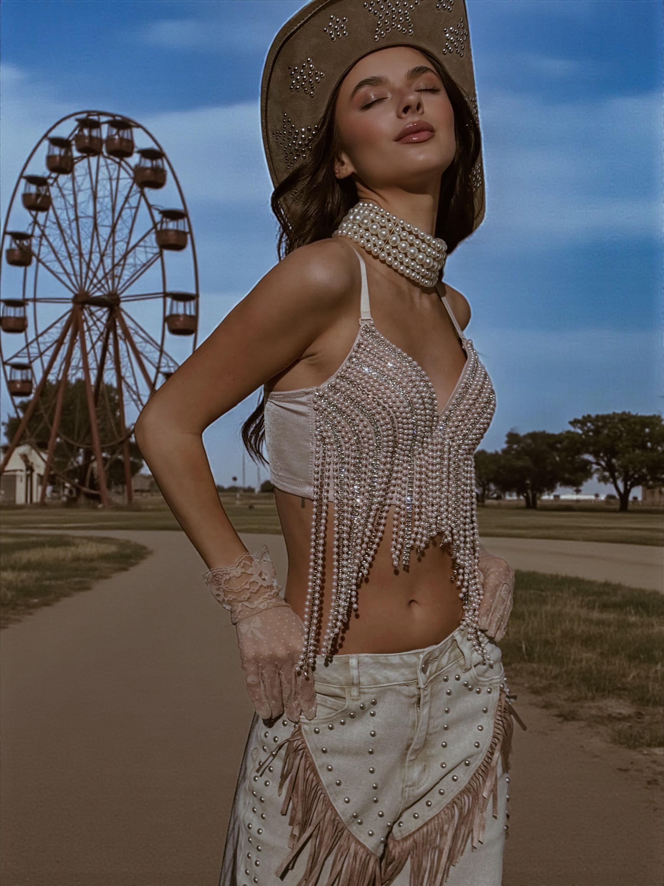 Nude Pearl Rhinestone Fringed Bridal Top, Nude Diamond Festival Top, Nude Cowgirl Top, Country Bachelorette Outfit Top, Bridal Corset