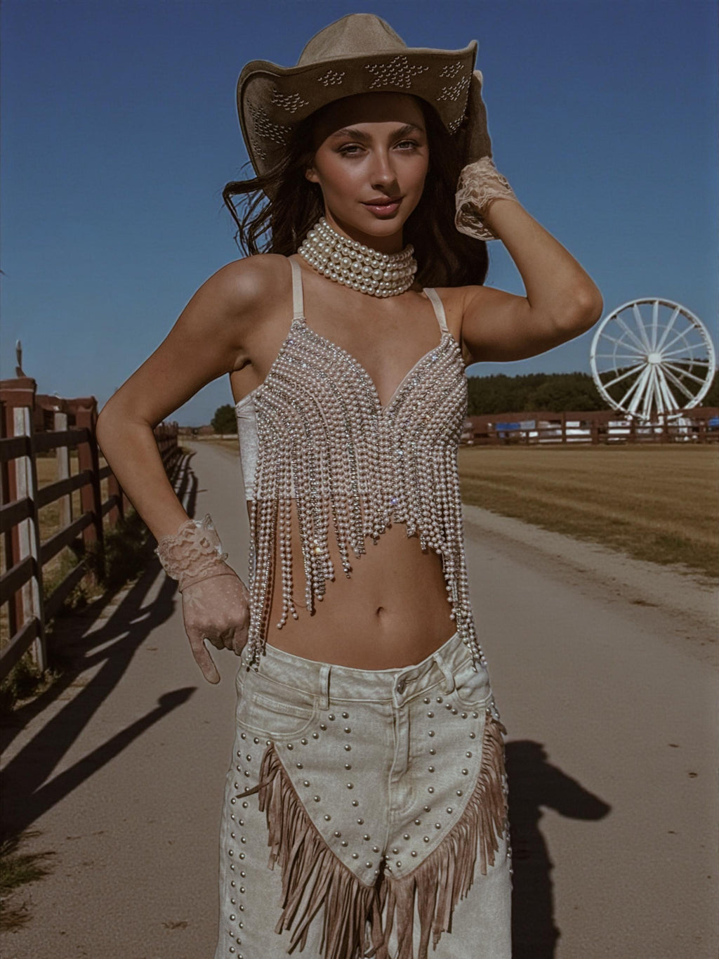 Nude Pearl Rhinestone Fringed Bridal Top, Nude Diamond Festival Top, Nude Cowgirl Top, Country Bachelorette Outfit Top, Bridal Corset