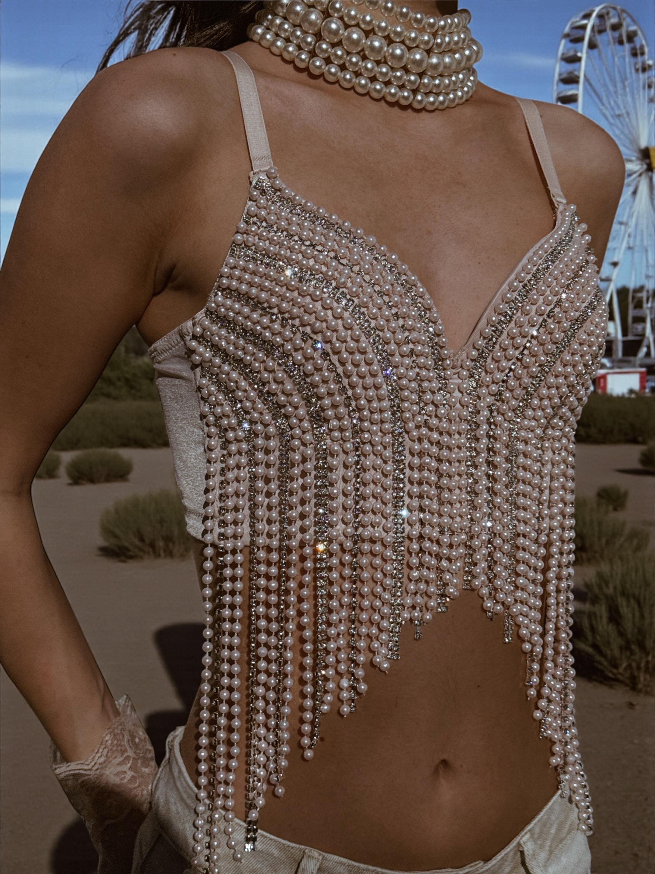 Nude Pearl Rhinestone Fringed Bridal Top, Nude Diamond Festival Top, Nude Cowgirl Top, Country Bachelorette Outfit Top, Bridal Corset